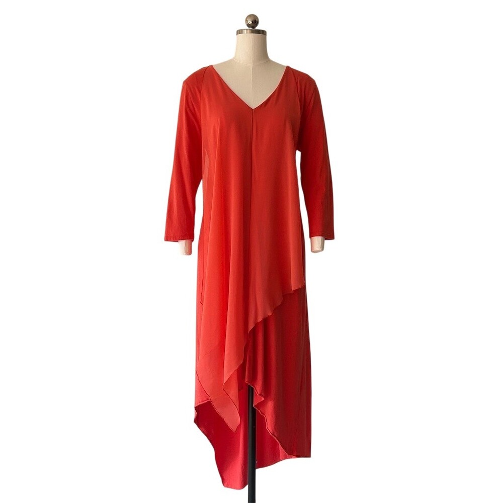 Soft Surroundings Andalou Dress Womens M Coral Red V-Neck Hi-Low Overlay